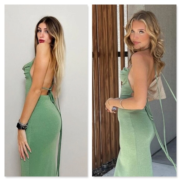 Glitter Lurex Mint Green Cowl Neck Backless Tie Straps Maxi Long Dress - Picture 12 of 14